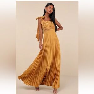 Lulus Gorgeous Purpose Gold Satin Pleated Sleeveless Bow Maxi Dress
